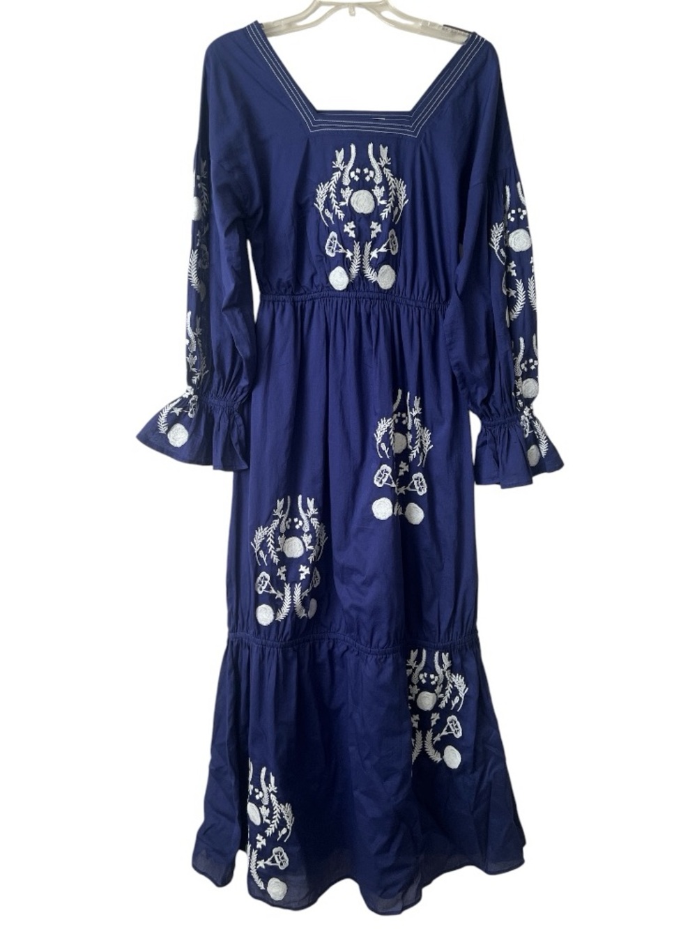 NWT Something Navy Embroidered Tiered Long Sleeve Maxi Dress XS Blue Cotton $185